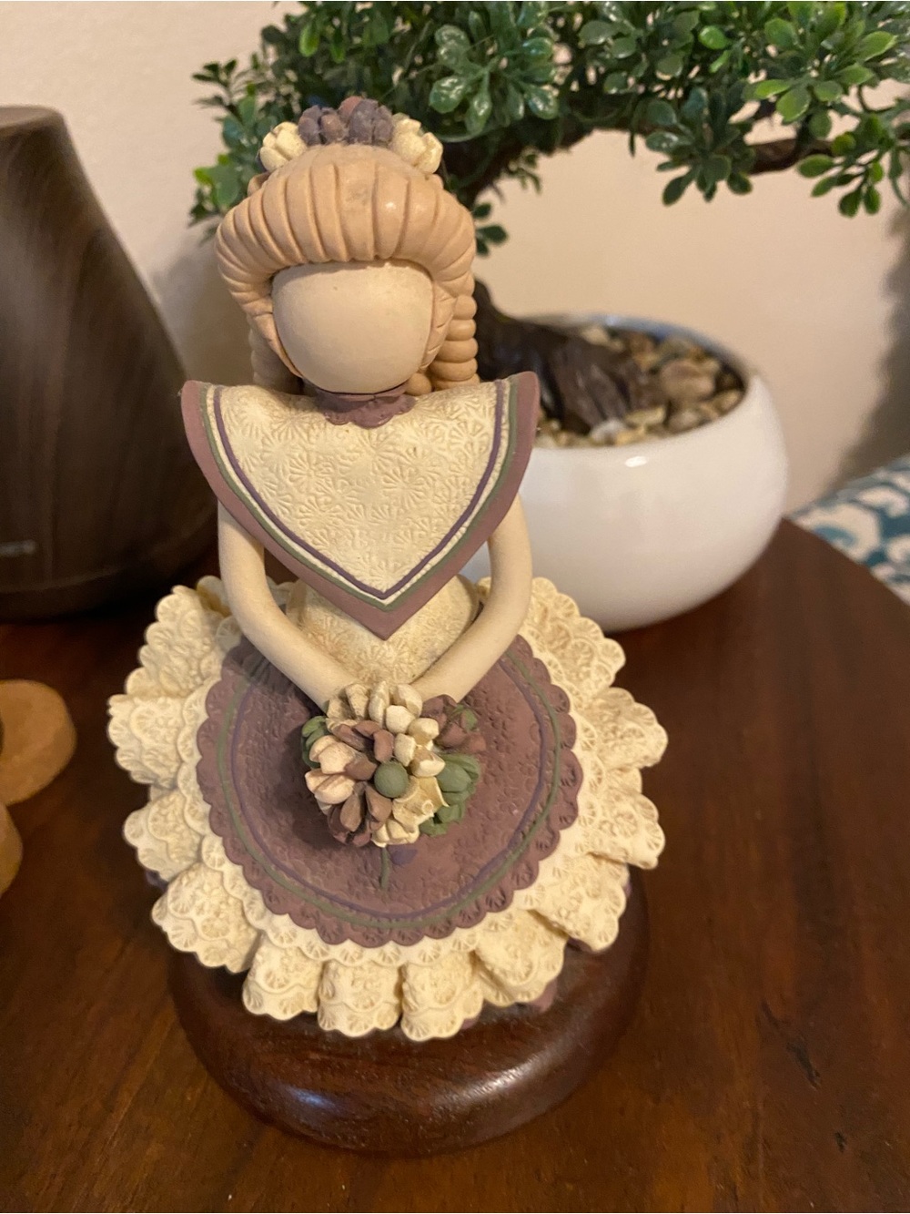Handcrafted Figurine with Cream,Dusty Rose Dress, Vintage Handmade by Artisans